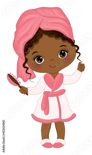 Little African American Girl Wearing Spa Robe after Shower. Vector Little Spa Girl
