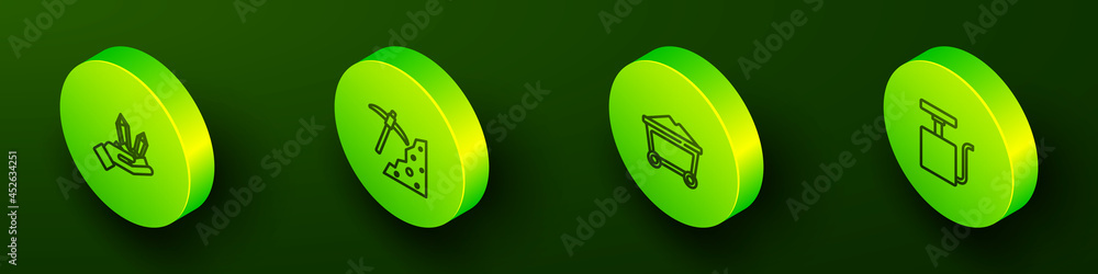 Set Isometric line Gem stone, Pickaxe, Mine coal trolley and Handle detonator icon. Vector Set Isometric line Gem stone, Pickaxe, Mine coal trolley and Handle detonator icon. Vector