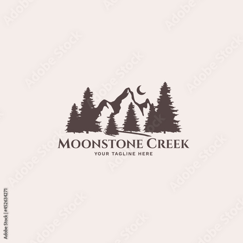 creek mountain and trees emblem or badge landscape Logo template design vector illustration vintage.