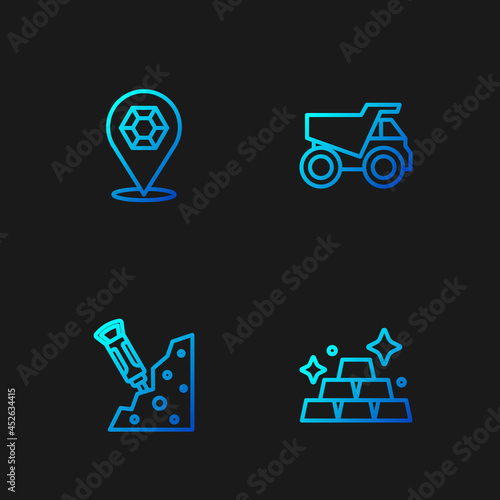 Set line Gold bars, Construction jackhammer, Gem stone and Mining dump truck. Gradient color icons. Vector