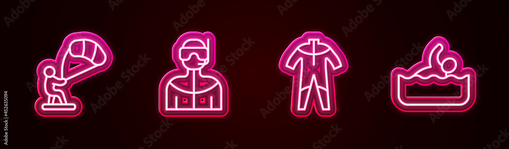 Set line Kitesurfing, Wetsuit for scuba diving, and Swimmer. Glowing neon icon. Vector Set line Kitesurfing, Wetsuit for scuba diving, and Swimmer. Glowing neon icon. Vector