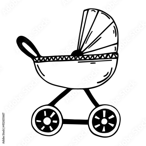 Cute baby carriage vector icon. Hand-drawn stroller isolated on white background. A sketch of a stroller on wheels. Thin black doodle. Monochrome illustration.
