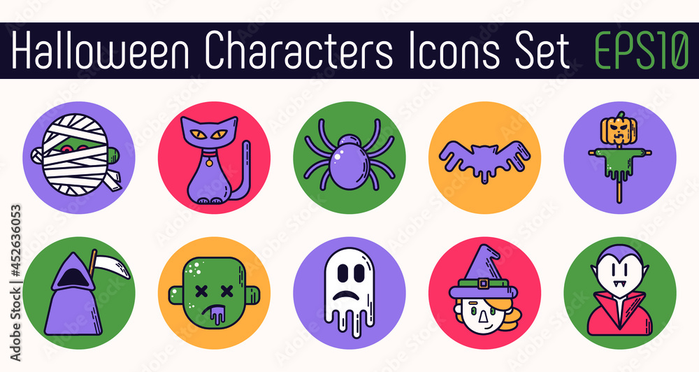 Halloween characters icon set. Isolated color vector illustration. Linear flat style.