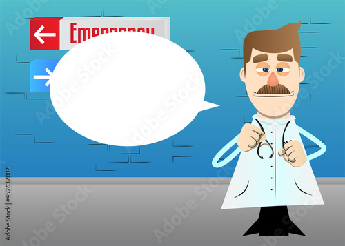 Funny cartoon doctor holding his fists in front of him ready to fight. Vector illustration.
