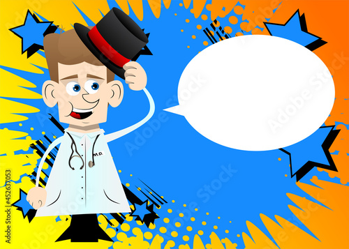 Funny cartoon doctor tipping his hat. Vector illustration.