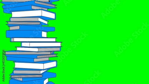 Stack of blue books isolated on green chroma key text space.
Toon style illustration.
