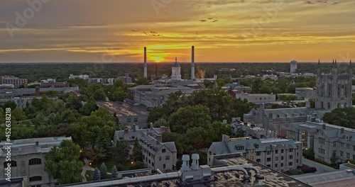 Columbia Missouri Aerial v6 panoramic dolly in shot, drone flying low toward beautiful golden sunset through mizzou university college campus - Shot with Inspire 2, X7 camera - August 2020 photo