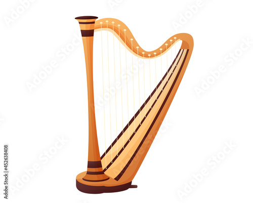 Vector illustration of a harp in cartoon style. Stringed musical instrument. Isolated on white background
