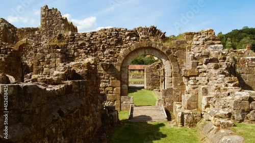 Cinematic view of the stunning Rievaulx Abbey in the North York Moors National Park, North Yorkshire, England, UK, dating back to 1132