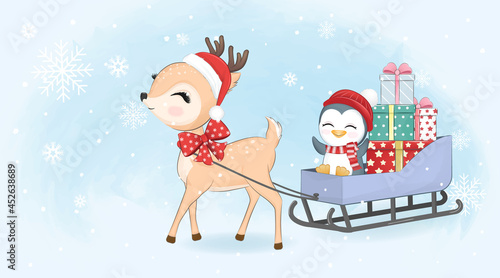 Cute deer, penguin and gift in sleigh and Christmas illustration