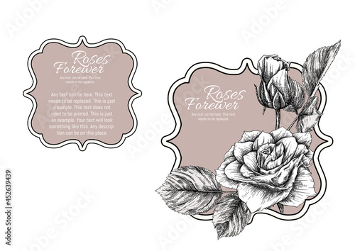 Set of face and back labels, stickers for food products or cosmetics in engraving, vintage, old, retro shabby chic style.. Stock vector illustration.