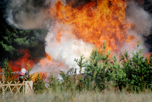 Firefighters with the inscription in Russian "Emercom of Russia" extinguish a forest fire in the reserve on a summer day
