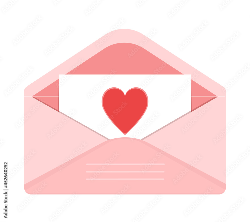 Open pink envelope with a love note with heart. Valentines day greeting ...