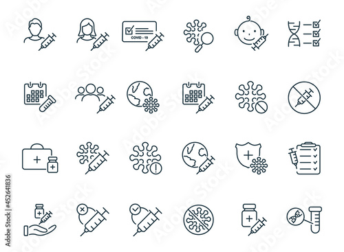Set of Medical Vaccination Linear icons. Injection, prevention and treatment of covid. Vaccine Line Icons. Medical Syringe and Virus, Certificate for Vaccine. Editable stroke. Vector illustration