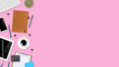 Wallpaper Mural flat lay workspace table with laptop computer, office supplies, coffee cup, tablet and cell phone on pink pastel background Torontodigital.ca