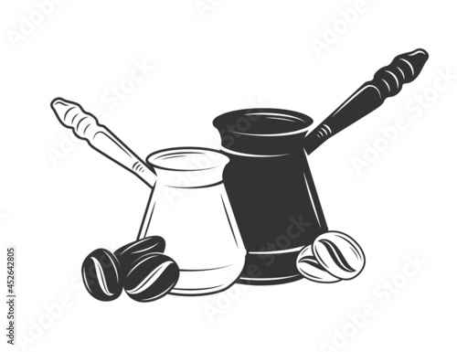 Coffee turks with coffee beans isolated on white background. Vector illustration