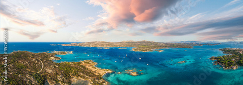 Obraz na płótnie View from above, stunning panoramic view of La Maddalena Archipelago with its turquoise, crystal clear water. Caprera Island in the distance. Sardinia, Italy. w salonie