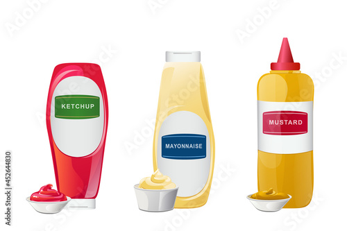 Ketchup, mayonnaise, mustard sauces in bottles set. Realistic vector illustration isolated on white background.