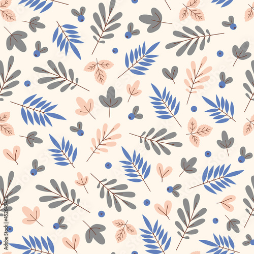 Seamless pattern from leaves of rowan and lingonberry berries. The foliage is blue  green and pink on a delicate pink background. Delicate pastel background. Vector illustration. 