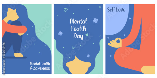 Mental Health Awareness Day. Set of 3 simple Background Vector Illustration Flat Style. Suitable for poster, cover, web, social banner, or flyer