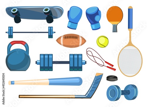 Set sports equipment for athletes. Isolated on white background. Colorful Illustration Vector