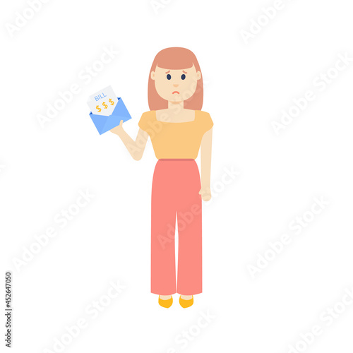 Sad woman receiving medical invoice for treatment and health care expenses. Young female student with taxes payment, student debt receipt. Finance concept. Cartoon character vector illustration.