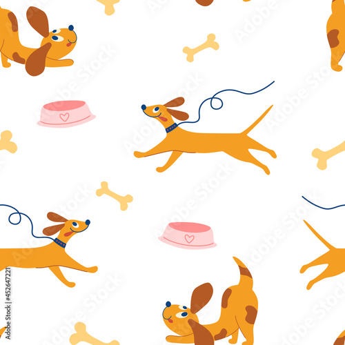 Cute doggie seamless pattern. Happy Hand draw Cute Dogs. Funny Puppies, bones, bowls. Children's pattern. Cute baby animals. Cartoon Vector illustration for fabric, textile, apparel, wallpaper.