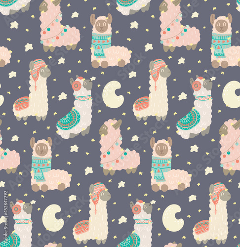 Cute childish pattern with constellations of lamas on dark gray background. Animalistic gentle texture with stars and crescent moon at night. Alpacas with warm clothes with tribal decoration