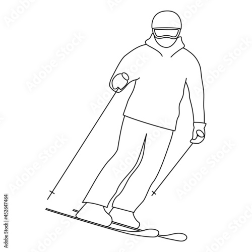 Illustration of skier (line art, white background, vector, cut out)