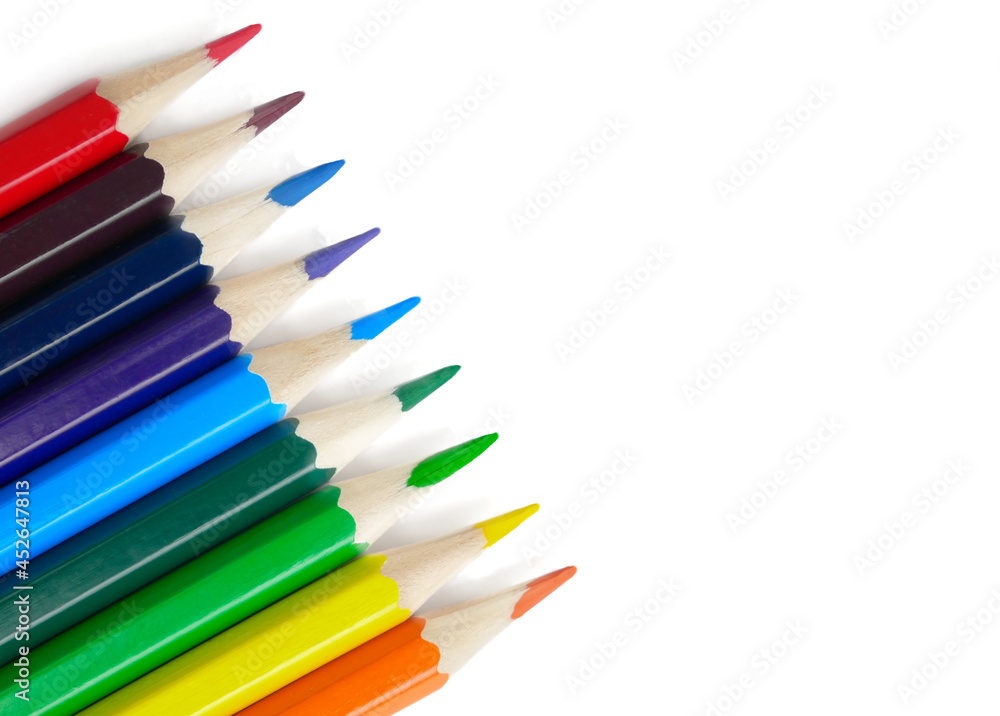 pencils isolated on white background with copy space. School and creative painting concept with colored pencils. Back to school banner. packaging template for colored pencils, notebooks and holder pencils isolated on white background with copy space. School and creative painting concept with colored pencils. Back to school banner. packaging template for colored pencils, notebooks and holder