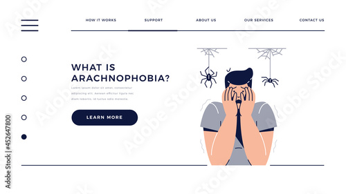 Fear of Spiders, Arachnophobia web template. Scared Frightened Man Character with hands on the face is afraid of Spiders. Irrational Fears, Phobia, Panic Attack for homepage.Flat vector illustration photo