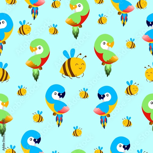 Seamless pattern with ara parrots and flying bees. Blue, yellow, green, pink, red. Blue background. Cartoon style. Cute and funny. For kids post cards, stationery, wallpaper, textile, wrapping paper © Куприянова Ксения