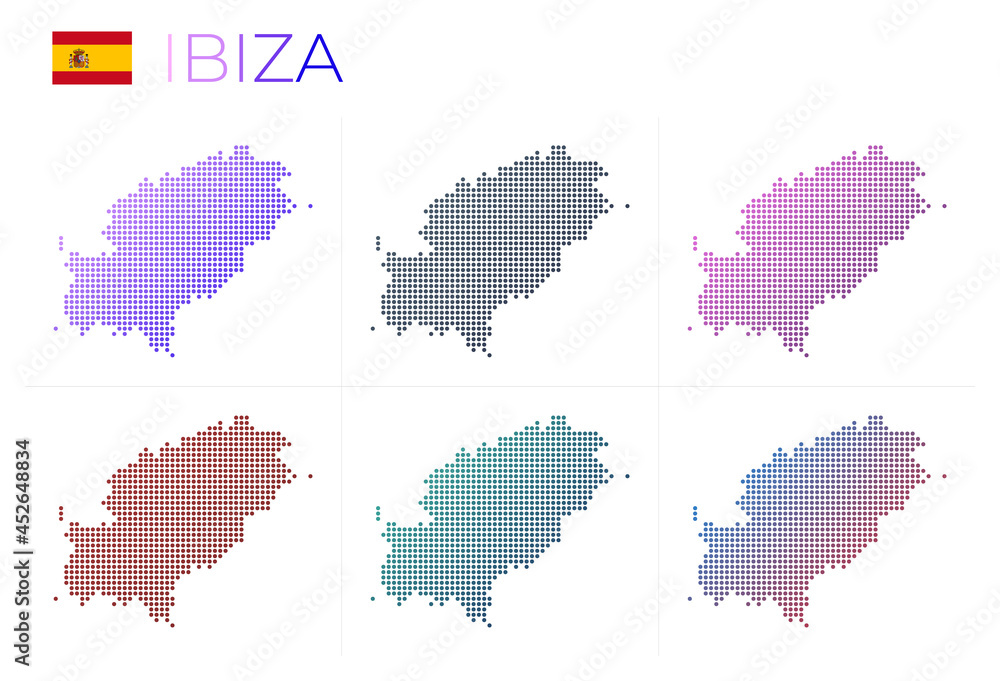 Fototapeta premium Ibiza dotted map set. Map of Ibiza in dotted style. Borders of the island filled with beautiful smooth gradient circles. Attractive vector illustration.