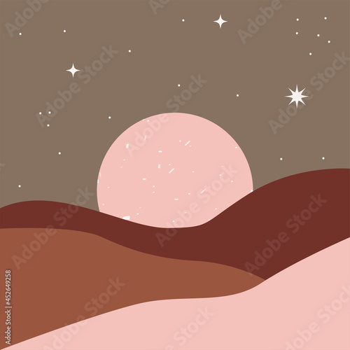 Minimal desert landscape with big moon and starry night