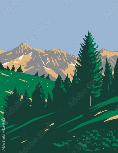 Art Deco or WPA poster of Mercantour National Park or Parc National du Mercantour in Alpes-de-Haute-Provence and Alpes-Maritimes department France done in works project administration style.