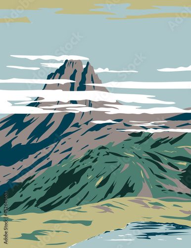 Art Deco or WPA poster of Pyrenees National Park or Parc National des Pyrenees with Pic du Midi d'Ossau in Hautes-Pyrenees and Pyrenees-Atlantiques, France done in works project administration style.