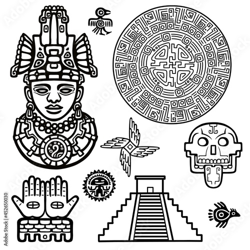 Set of graphic elements based on motives of art Native American Indian. Monochrome linear drawing isolated on a white background. Vector illustration.