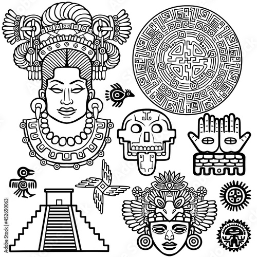 Set of graphic elements based on motives of art Native American Indian. Monochrome linear drawing isolated on a white background. Vector illustration.