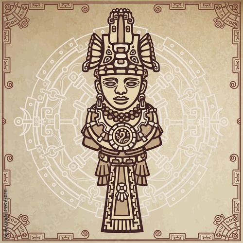 Linear drawing: decorative image of an ancient Indian deity. Magic circle. A background - imitation of old paper.