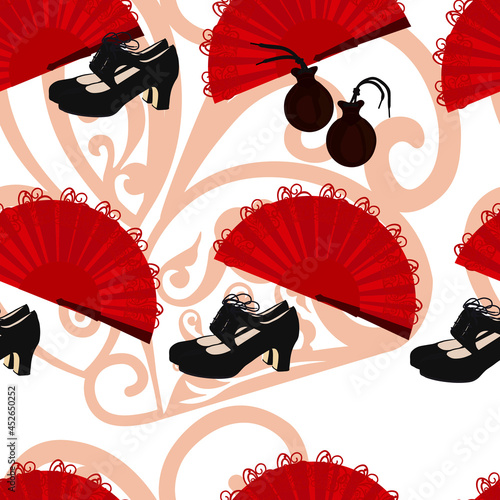 Flamenco pattern. Castanets, shoes, a weather vane. Spanish traditional music. Isolated black silhouettes on a white background. For wrapping paper. Ideal for wallpaper, surface textures, textiles.