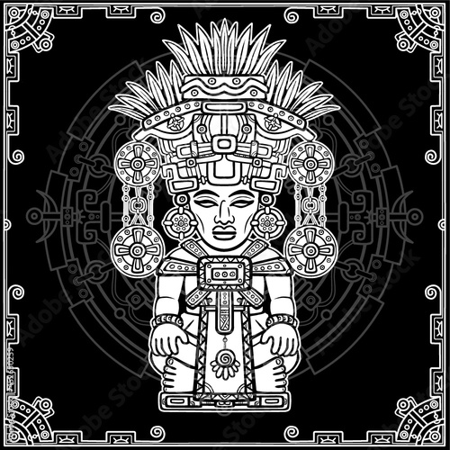Linear drawing: decorative image of an ancient Indian deity. Magic circle. Black and white vector illustration.