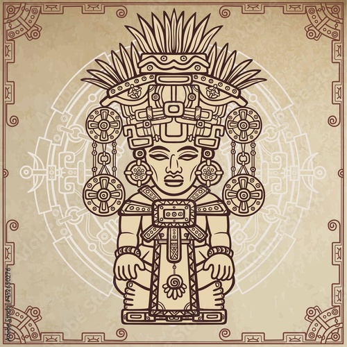 Linear drawing: decorative image of an ancient Indian deity. Magic circle. A background - imitation of old paper. Vector illustration.