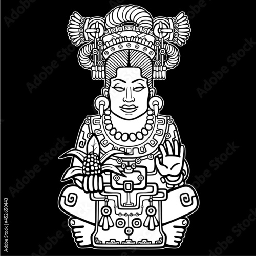 Animation portrait of the pagan goddess based on motives of art Native American Indian. Monochrome drawing isolated on a black background. Vector illustration. © roomyana