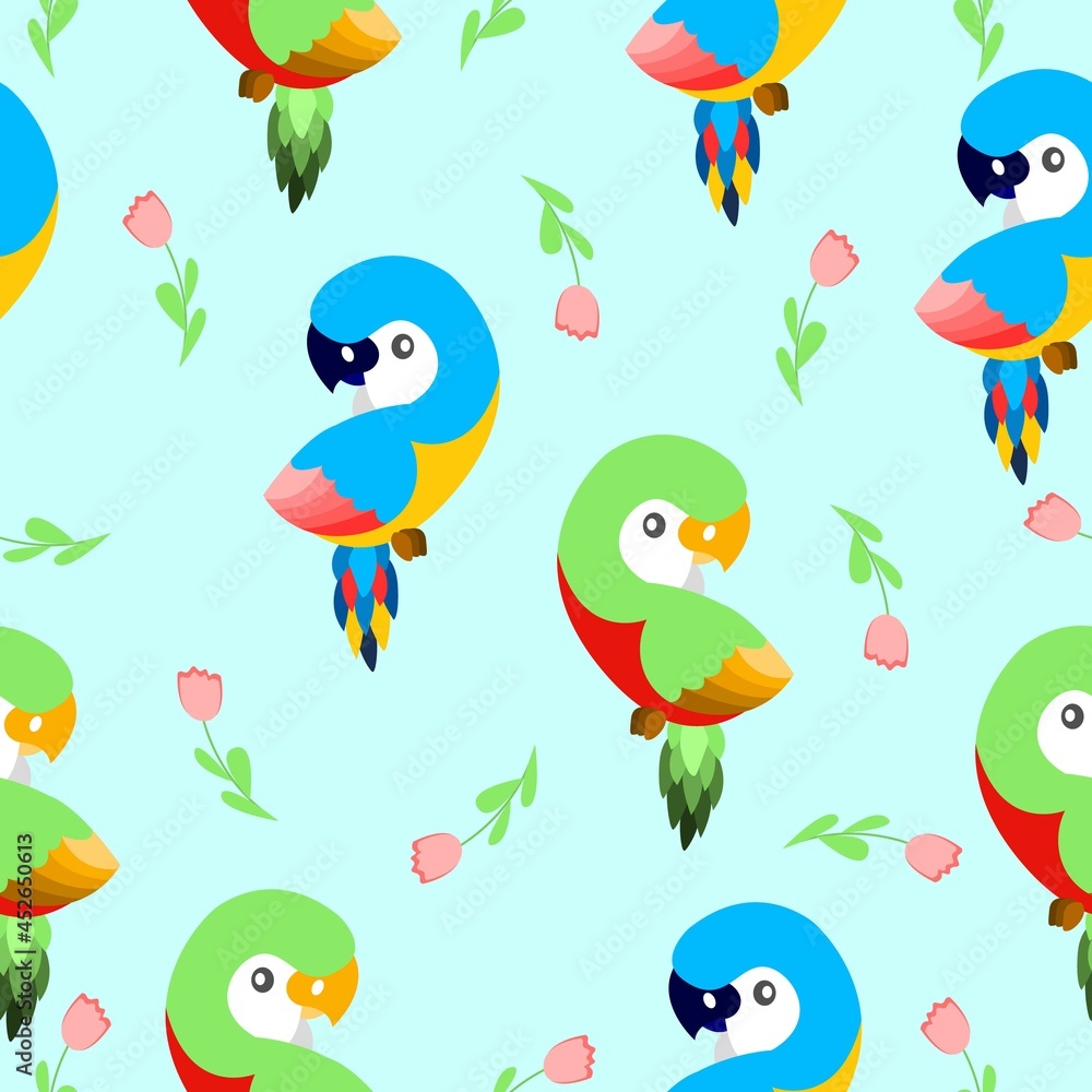 Seamless pattern with ara parrots and pink tulips. Blue, yellow, green, pink, red. Blue background. Cartoon style. Cute and funny. For kids post cards, stationery, wallpaper, textile, wrapping paper Seamless pattern with ara parrots and pink tulips. Blue, yellow, green, pink, red. Blue background. Cartoon style. Cute and funny. For kids post cards, stationery, wallpaper, textile, wrapping paper