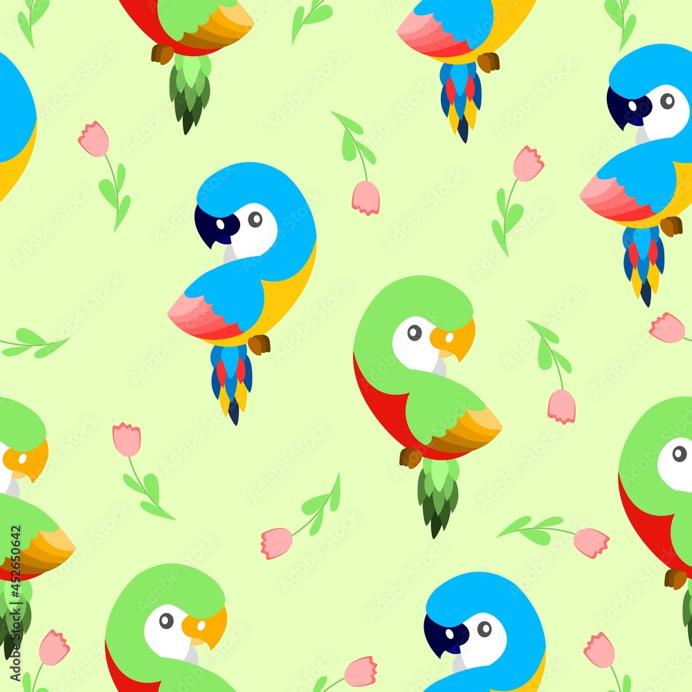 Seamless pattern with ara parrots and pink tulips. Blue, yellow, green, pink, red. Yellow background. Cartoon style. Cute and funny. For kids post cards, stationery, wallpaper, textile, wrapping paper