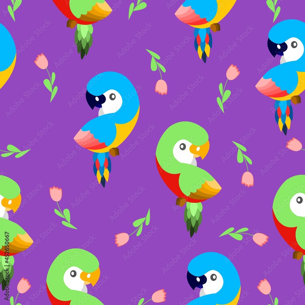 Seamless pattern with ara parrots and pink tulips. Blue, yellow, green, pink, red. Purple background. Cartoon style. Cute and funny. For kids post cards, stationery, wallpaper, textile, wrapping paper