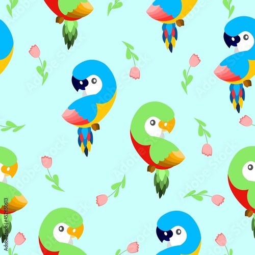 Seamless pattern with ara parrots and pink tulips. Blue, yellow, green, pink, red. Blue background. Cartoon style. Cute and funny. For kids post cards, stationery, wallpaper, textile, wrapping paper © Куприянова Ксения