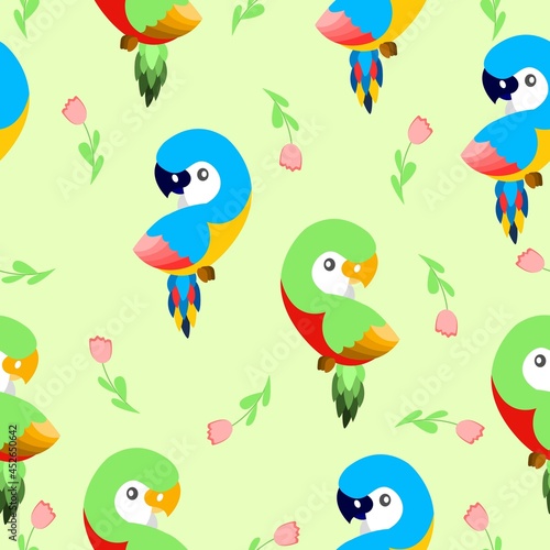 Seamless pattern with ara parrots and pink tulips. Blue  yellow  green  pink  red. Yellow background. Cartoon style. Cute and funny. For kids post cards  stationery  wallpaper  textile  wrapping paper