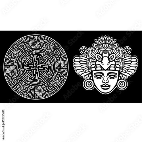 Wallpaper Mural Linear drawing: decorative image of an ancient Indian deity. Magic circle. Vector illustration: the white silhouette isolated on a black background. Torontodigital.ca