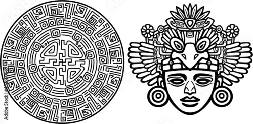 Linear drawing: decorative image of an ancient Indian deity. Magic circle. Vector illustration: the black silhouette isolated on a white background.